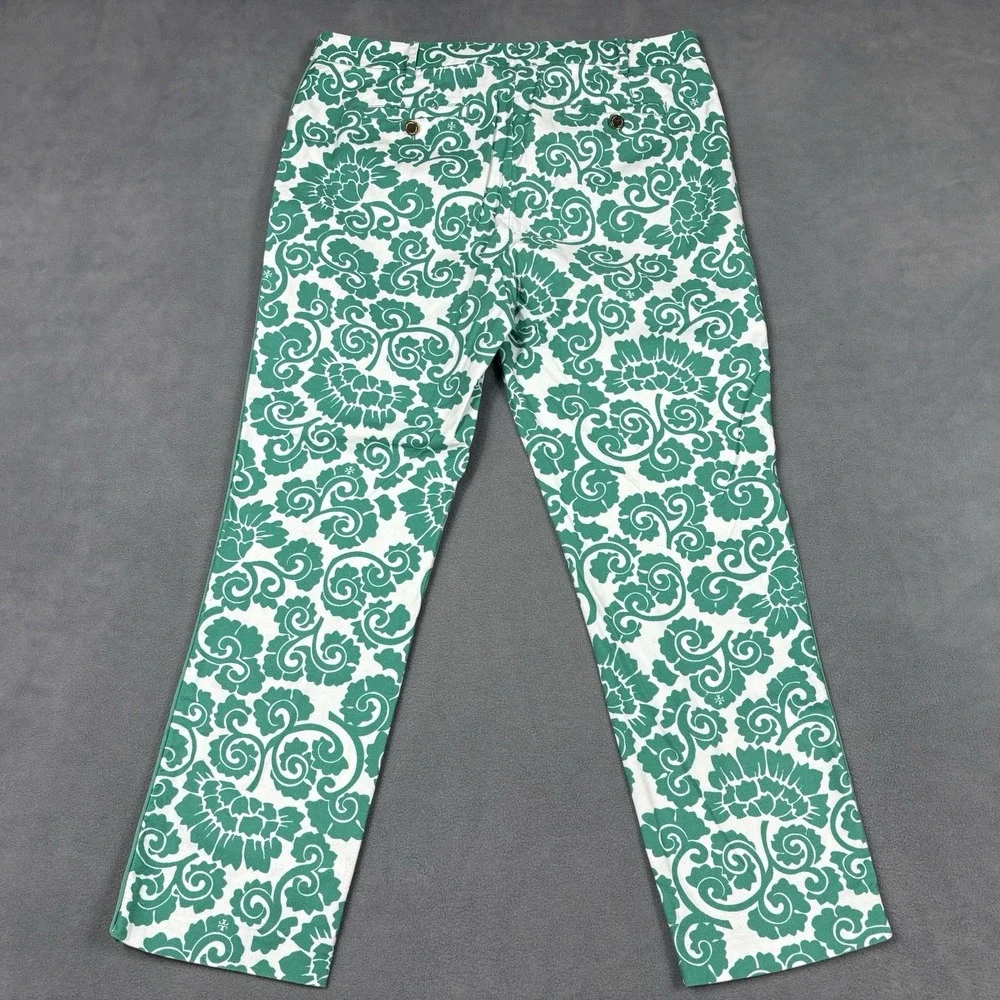 Tory Burch Size 10 Green White Floral Print Straight Leg Pants Cotton Stretch